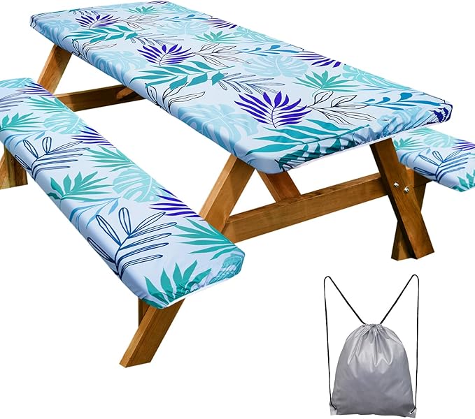 Play Tailor Picnic Table Cover with Bench Covers Camping Essentials Waterproof Windproof Camping Tablecloth with Drawstring Bag, Fitted Rectangle Tables and Seats, 60in, Light Green Blue
