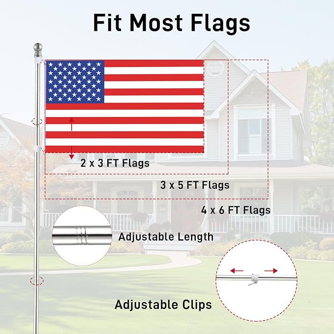 Silver House Flag Pole Kit, (2 Packs) 6 FT Stainless Steel Tangle Free Spinning Flagpoles with Two-Position Wall-Mounted Flag Pole Holder for 3x5 American Flags, Outside House Porch (No Flag)