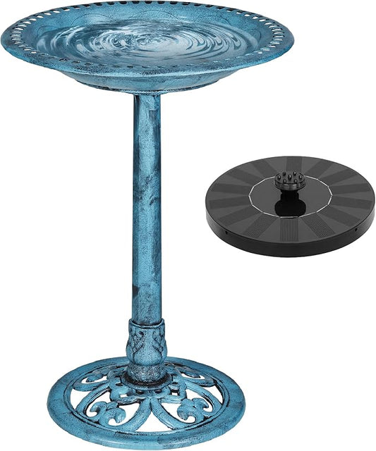 VECELO 28" Pedestal Outdoor Bird Bath with Solar Powered Fountain for Outside, Vintage Bronze Polyresin Lightweight Antique, Yard/Garden Decoration, Blue