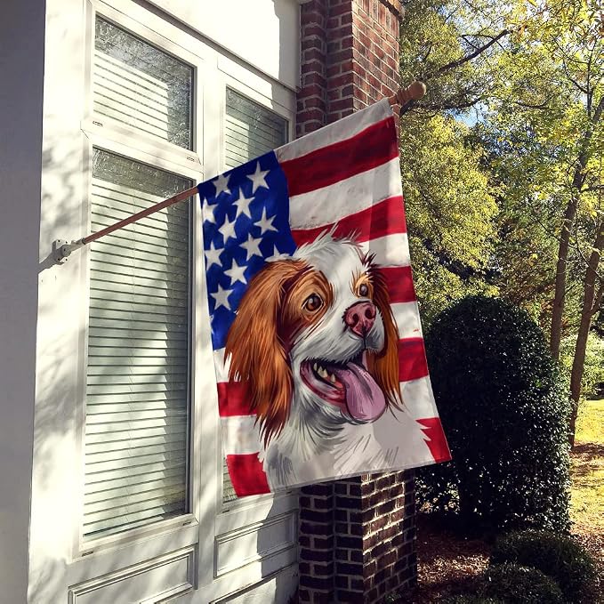 Caroline's Treasures CK6529CHF French Brittany Dog American Flag House Flag Large Porch Sleeve Pole Decorative Outside Yard Banner Artwork Wall Hanging, Polyester, House Size, Multicolor