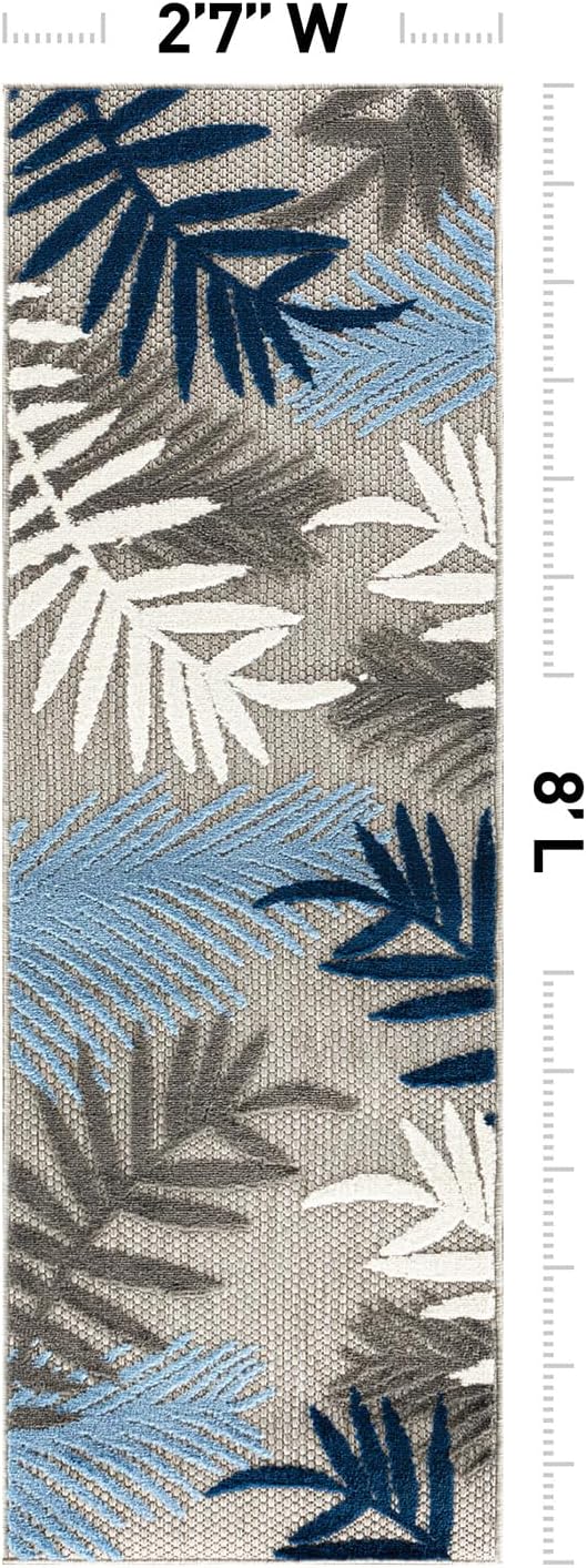 Rugshop Blue Palm Frond Indoor/Outdoor Runner Rug Easy Cleaning for Hallway, Kitchen and Entryway, 2'7" x 8'