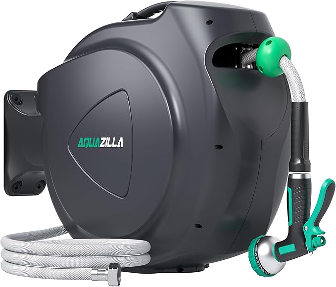 Retractable Garden Hose Reel - 5/8 in x 100 ft Automatic Wall Mount Heavy Duty Automatic Water Hose Reel with 9 Patterns Nozzle, Kink-Resistant Hose, 180° Swivel, Auto-Lock for Outdoor Watering