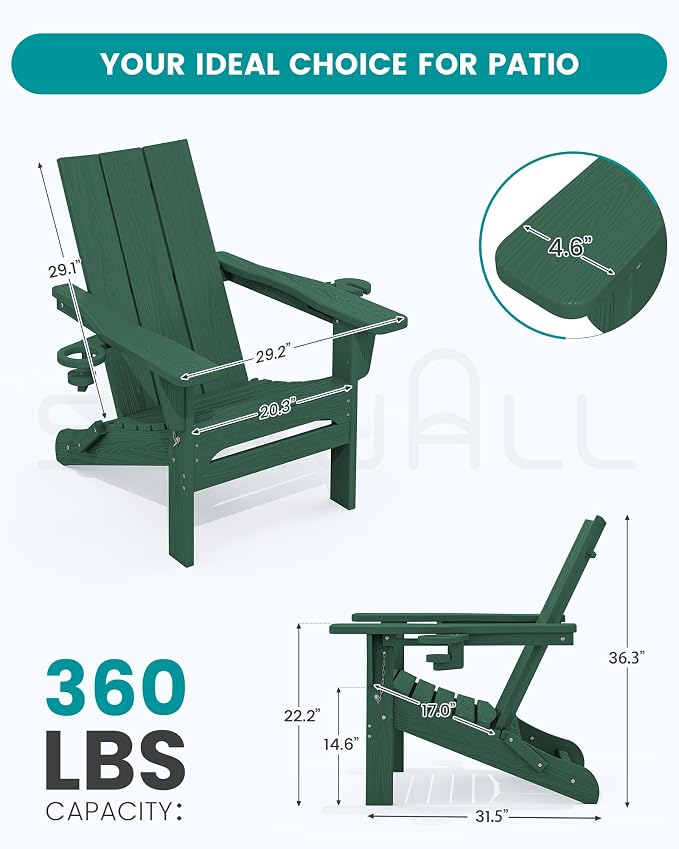 SERWALL Modern Folding Adirondack Chair Set with 9 Ft Umbrella, Folable Adirondack Chairs Set of 2 with Cup Holders, HDPE Fire Pit Chairs for Patio Lawn Garden, Green (Umbrella Base is not Included)