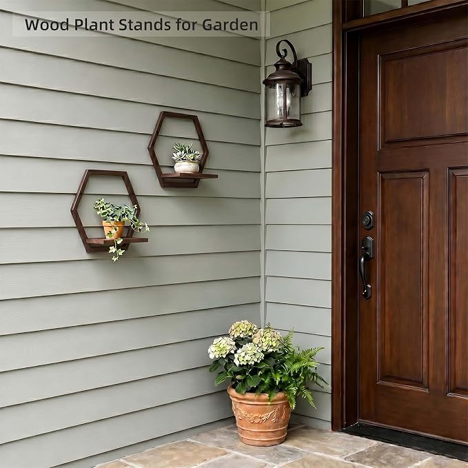 2 Pack Walnut Color Solid Wood & Metal Framework Wall Plant Stands,9 inch Natural Wood Shelf of Indoor,Mid Century Modern Hanging Planter for Outdoor Entryway 25 LB Load for Plants Coffee