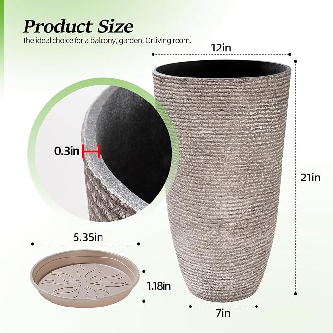QCQHDU Set of 2 Oversized 9 Gallon Round Planters for Front Door & Patio - 12x21 Inch Tall Outdoor/Indoor Plant Pots with Drainage Tray, Gray Faux Stone Textured Tree Planters for Porch Decor