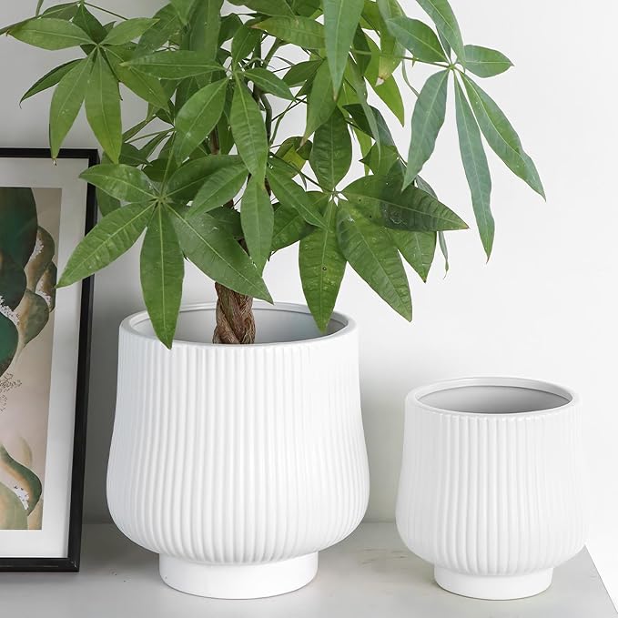 OXART Ceramic Plant Pot, 9/7/5.3 inch Large Plant Pot with Drainage, 3 Piece Planters for Indoor Plants, Modern Decor Home Office Garden Flower Pots for Indoor Outdoor Plants, White