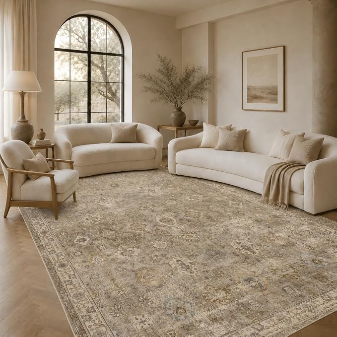 9x12 Area Rugs Washable Large Vintage Rug for Living Room Bedroom | Farmhouse Boho Floral Neutral Washable Stain Resistant Indoor Carpet for Bedroom Office and Home Decor (Brown&Gold)