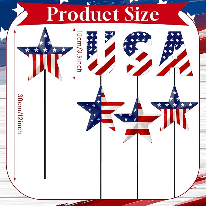 Pickmesh 6 Pcs 12" H Patriotic Outdoor Decor Metal Yard Sign 4th of July Outdoor Decor Red White Blue 250th Anniversary Star USA Flag Garden Stake American Yard Sign for Independence Day Decoration