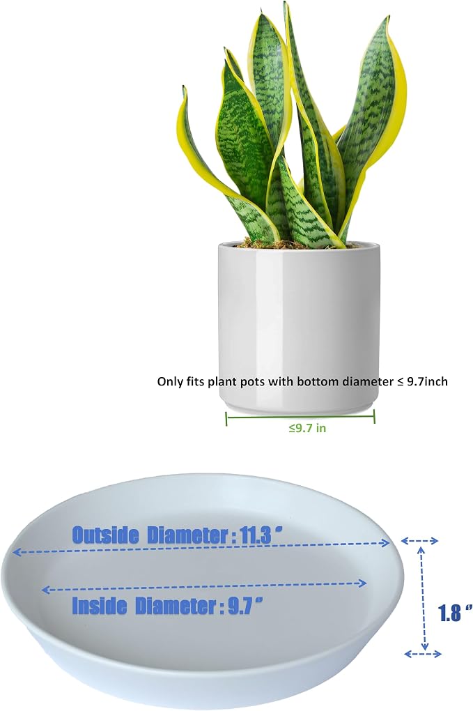 Ceramic Plant Saucer Tray 9 10 11 Inch White, 11.3" OD x9.7 ID x1.8 Deep| Round Sturdy Heavy Duty Glazed Bevel Planter Drip Flower pots with Catch Basin for Indoor Outdoor Plants