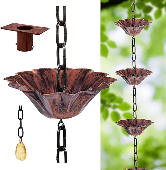 Rifachua 12 Cups Lotus Rain Chain for Gutters Downspouts Outside 8.5ft, Red Plated Lotus Rain Chain Cups, Functional and Decorative Replacement for Gutter Downspouts