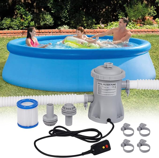 Filter Pump for Above Ground Pools, 330 GPH Filter for Inflatbale Pool, Flow Rate Pool Filter for Inflatable Swimming Pool Crystal Clear Filter Pump with 2 Filter Cartridges
