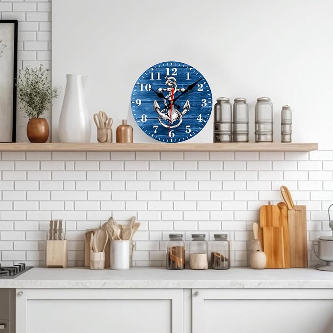 Wall Clock, Nautical Anchor on Blue Wood Silent Non Ticking Battery Operated Round Decorative Indoor Outdoor Clocks for Living Room Kitchen Bedroom Bathroom Patio 12"