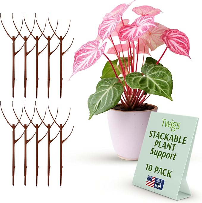 Twigs GA Stackable Plant Support Stakes, Begonia Red, 10-Pack, 17" L | Made in USA, UV-Protected Sticks, Natural-Looking Stem Support Stakes, Stackable Poles for Indoor & Outdoor Plants up to 5ft