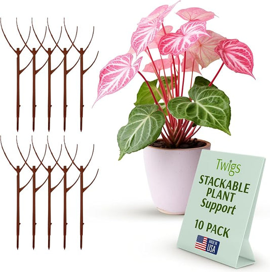Twigs GA Stackable Plant Support Stakes, Begonia Red, 10-Pack, 17" L | Made in USA, UV-Protected Sticks, Natural-Looking Stem Support Stakes, Stackable Poles for Indoor & Outdoor Plants up to 5ft