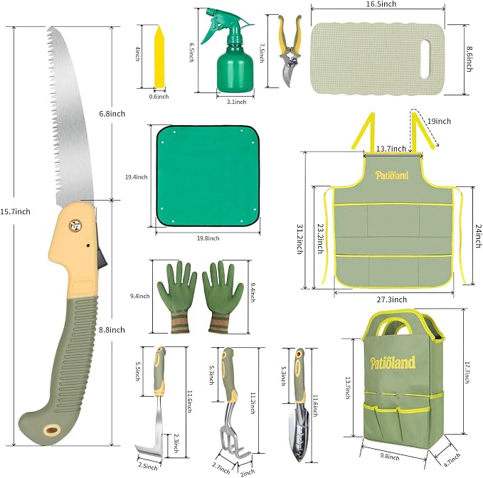 Green Garden Tool Sets 26-Piece, Ergonomic Gardening Hand Tools Kit with Non-Slip Rubber Grip, Garden Handbag, Kneeling Pad, Repotting Mat for Indoor Plants&15 Plant Tags, Garden Gifts for Women Men