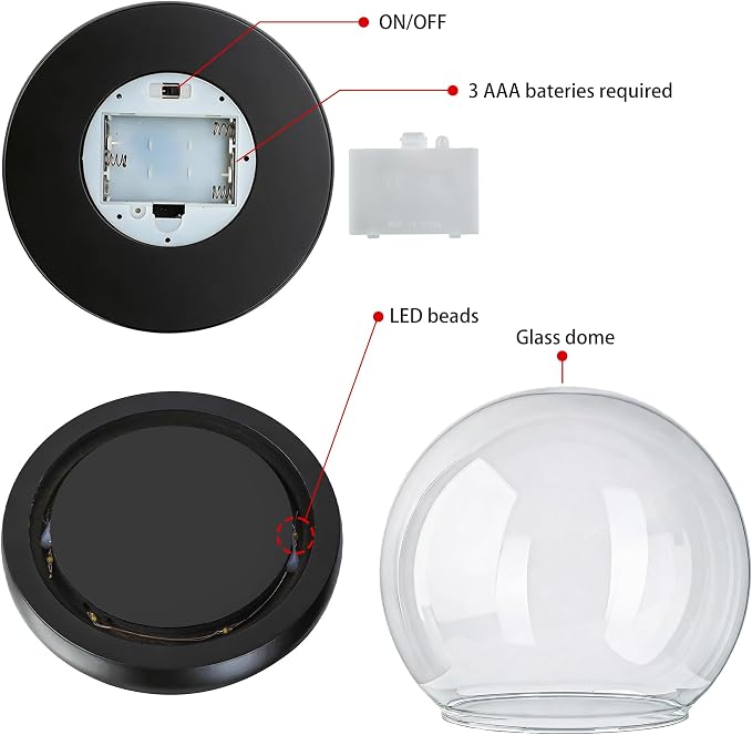 6inch Round Glass Cloche Display Dome with Black LED Lights Base Decorative Glass Display Bell Jar for Plants Keepsakes Collectibles