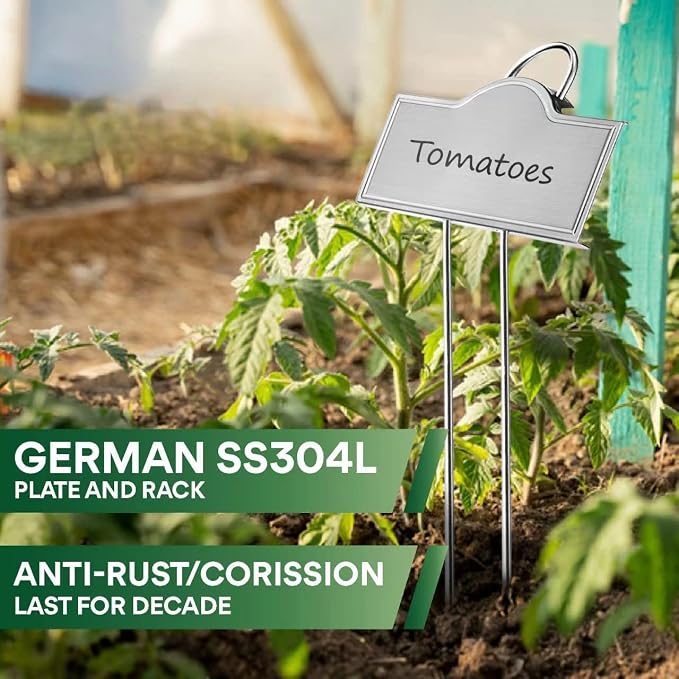 Stainless Steel 304 Plant Labels for Garden Outdoor | Metal Plant Markers Waterproof for Vegetables Herb Seedlings Flowers with 2 Pens | 25 Pack | Label Area 3.74'' x 1.39'' Height 10.75 Inch | Silver