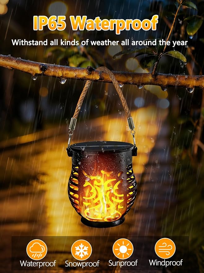4 Pack Solar Lights Outdoor Waterproof Hanging Solar Lanterns Flame Lights | Flickering Flame, IP65 Waterproof, Auto On/Off Solar Powered, Hemp Rope Handle, Outdoor Indoor Garden Camp Yard Tree Decor