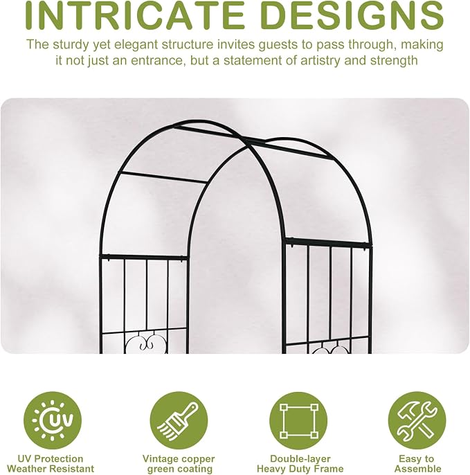 Outvita 7.3FT Garden Arch Arbor, Heavy Duty Metal Arbour Archway, Decorative Frame Stand Trellis with Ground Stakes for Wedding Ceremony Party Plant Climbing Rose Vines Lawn Patio Black