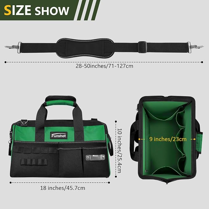 18 Inch Heavy Duty Tool Bag, Large Tool Organizer with 17 Pockets, Wide Mouth Tool Tote with Adjustable Shoulder Strap, Portable Storage Bag for Electricians, Mechanics, Contractors, DIY & Home Repair