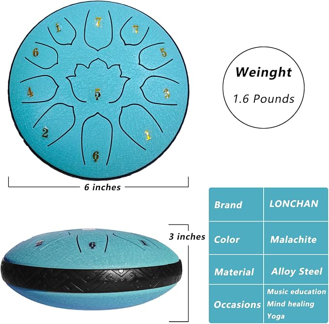 Steel Tongue Drum 11 Notes 6 Inches, Rain Drum for Outside with Bag, Music Book, Mallets, Finger Picks, Stickers – Meditation & Yoga Steel Drum
