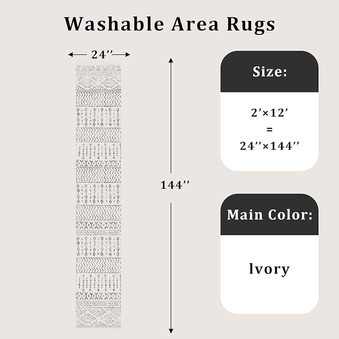 Art&Tuft 2x12 Runner Rug Non Slip, Washable Rug Runners for Hallways,Ivory | Low Pile, Moroccan Soft & Lighweight, Folable, Stain Resistant 12ft Carpet Runners for Entryway,Kitchen,Living Room,Bedroom