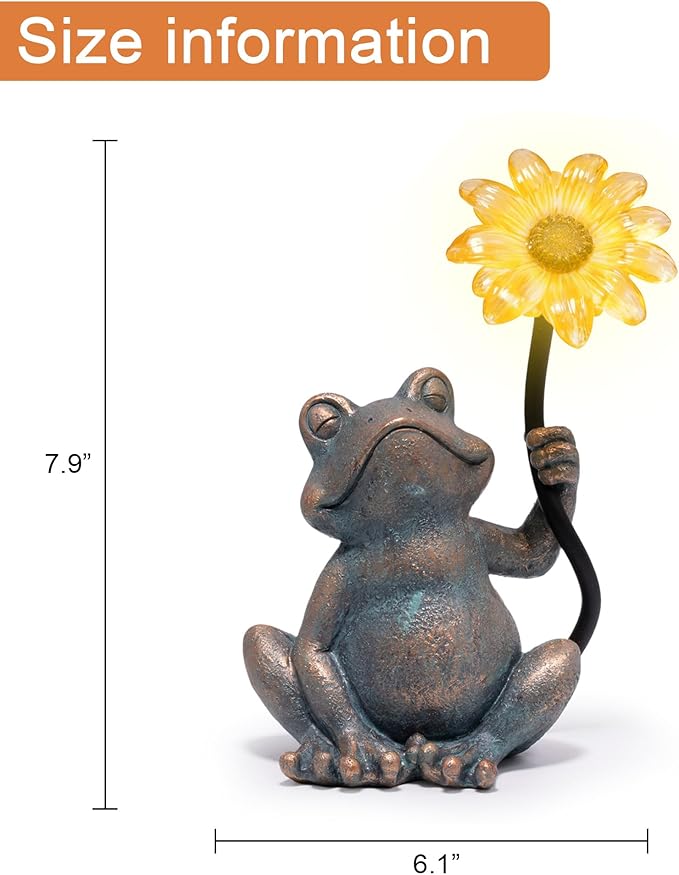 basen Solar Frog Statue with Glowing Sunflower Light, Outdoor Garden Frog Figurine Decor for Yard Lawn Patio, Resin Solar Animal Sculpture with LED Light for Garden Landscape, Gift for Mom Grandma