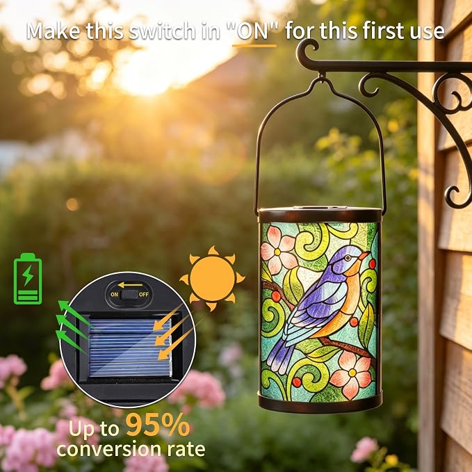 Solar Lantern Outdoor Waterproof Hanging Solar Lights Bluebird Glass Decorative Lanterns for Outdoor Patio Lawn Outside Yard Garden Decor