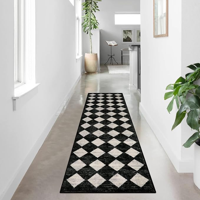 Checkered Kitchen Runner Rug 2x8 Black and White, Hallway Non Slip Washable