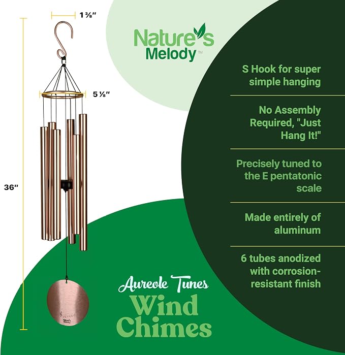 Nature’s Melody Aureole Tunes Wind Chimes – Outdoor Windchime with 6 Tubes Tuned to E Pentatonic Scale, 100% Rustproof Aluminum, Powder Finish & S Hook Hanger for Sympathy, Memorial Gift or Zen Garden