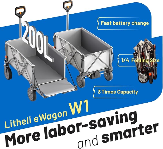 Litheli Electric Wagon Cart with 1 Battery, All-Terrain Wheels & Variable Speed | 200L Capacity, 300 lbs Heavy-Duty Utility Wagon for Camping Beach Garden Shopping