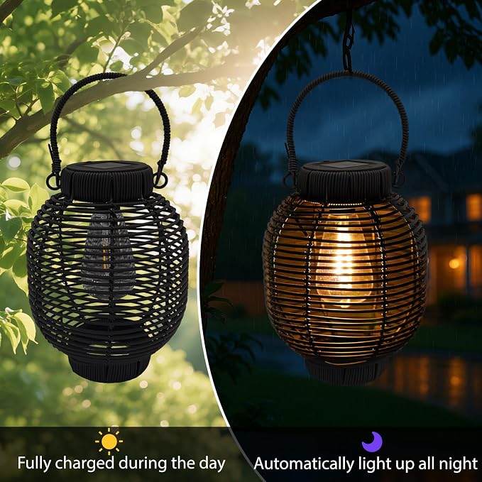 Solar Lanterns Outdoor Waterproof Rattan Solar Lights for Outside Garden Decor Mothers Day Gifts Hanging Lanterns Decoration Outside for Yard, Backyard, Patio Porch, Pathway，Black, Pack of 2