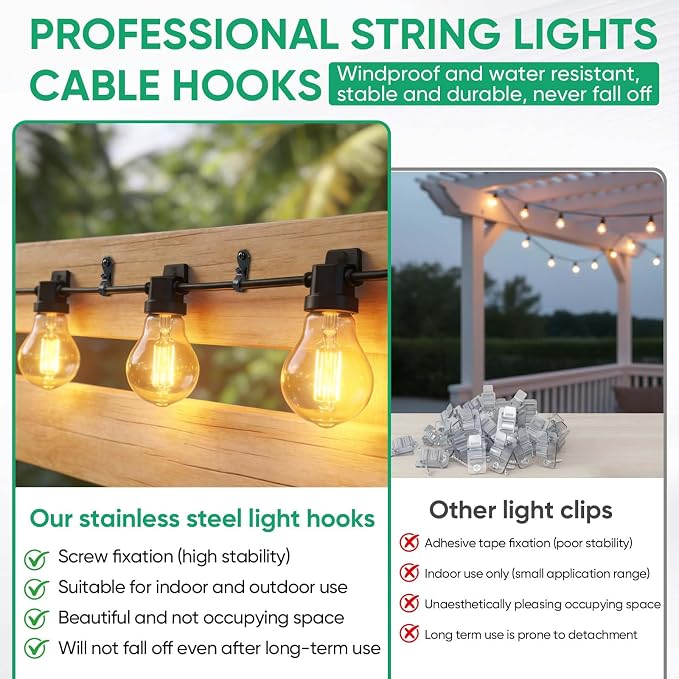 HiGift 80 Pack String Light Hanger Hooks, Stainless Steel Light Clips Black, Outdoor Screw Hooks Rope Light Clips for Hanging Christmas Light, Plants, Party Light Wire and Led Fairy Led Light Clips