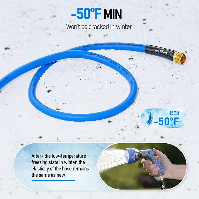 SPECILITE Retractable Hose Reel with 5/8'' Hot/Cold Garden Water Pipe 100ft, -50℉ -190℉, Heavy Duty Metal Wall Mount Spool, with 6ft Lead Hoses, Nozzle, 3/4'' Brass Fittings for Garage, Yard, Blue
