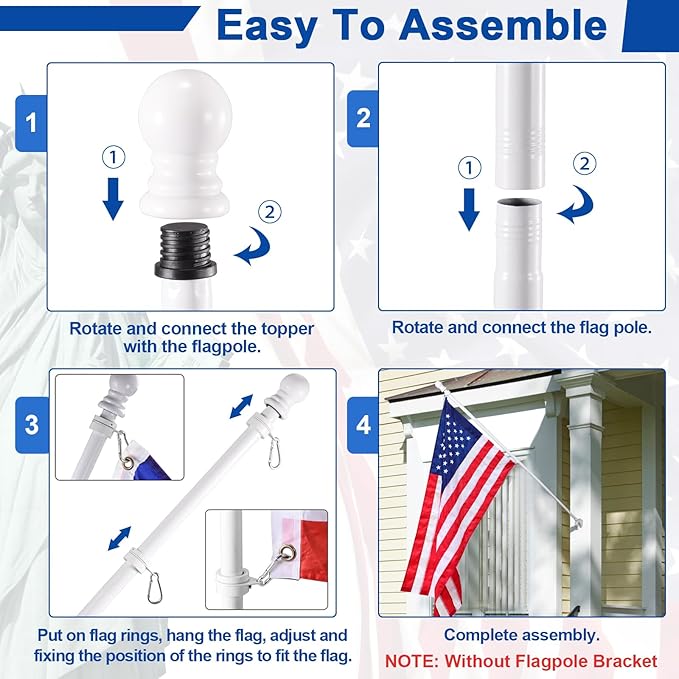 BONWIN White Flag Pole Kit for House, 5 FT Thickened Stainless Steel Outside Wall Mount Flagpole for 3x5' American Flag with 1" Tangle Free 360° Rotating Flag Pole Rings Hardware for Porch Residential