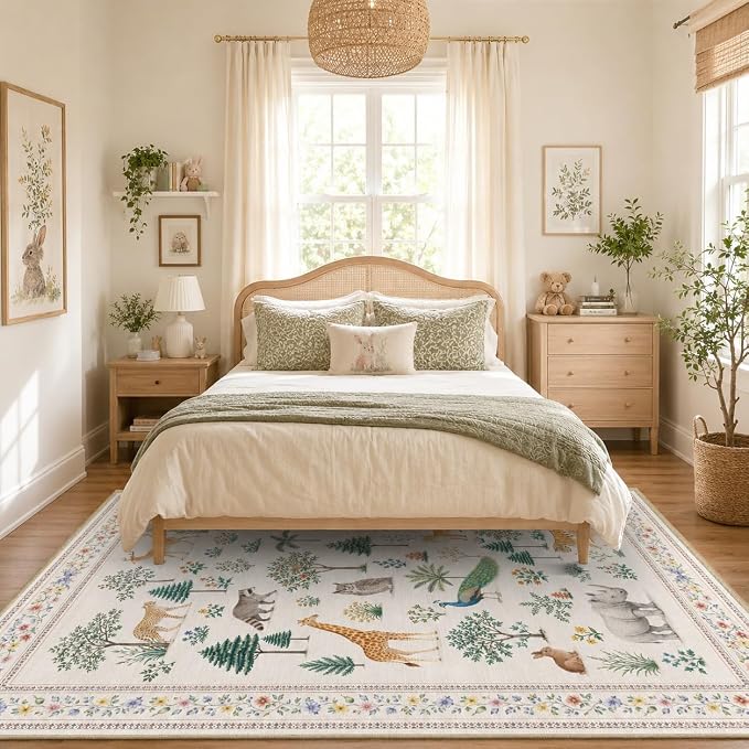 Area Rug 5x7 Jungle Animal Print Rug Wild Zoo Animals Forest Rugs for Living Room Machine Washable Non-Slip Printed Low Pile Indoor Carpet for Kids Room Nursery Bedroom Playroom,Beige