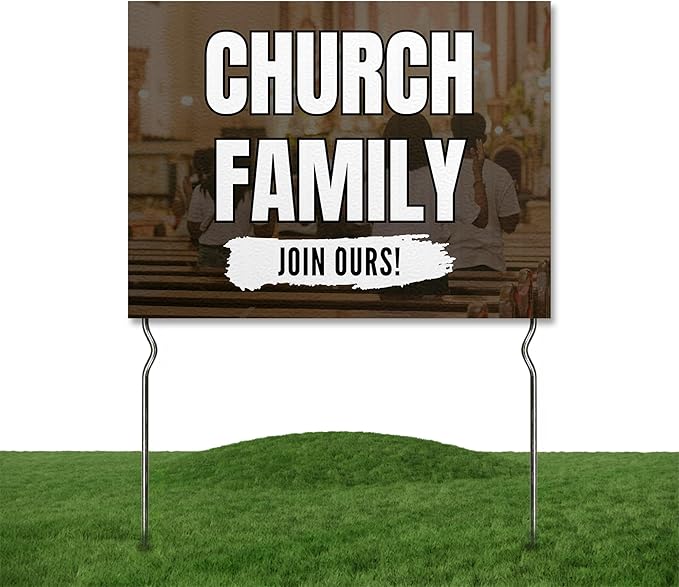 Church Family - Join Ours! Yard Sign by DC | 24"x18" Double Sided Church Garden Sign with 13” Metal Stakes | Outdoor Signs Waterproof for Lawn, Patio, Sidewalk & House | Set of 1 | Made in USA