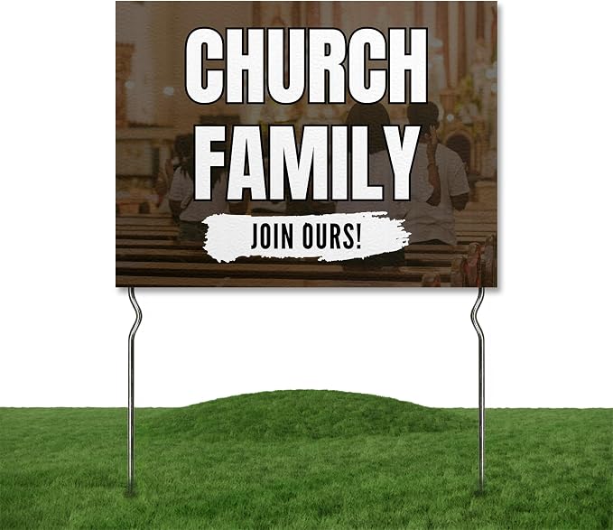 Church Family - Join Ours! Yard Sign by DC | 24"x18" Double Sided Church Garden Sign with 13” Metal Stakes | Outdoor Signs Waterproof for Lawn, Patio, Sidewalk & House | Set of 2 | Made in USA