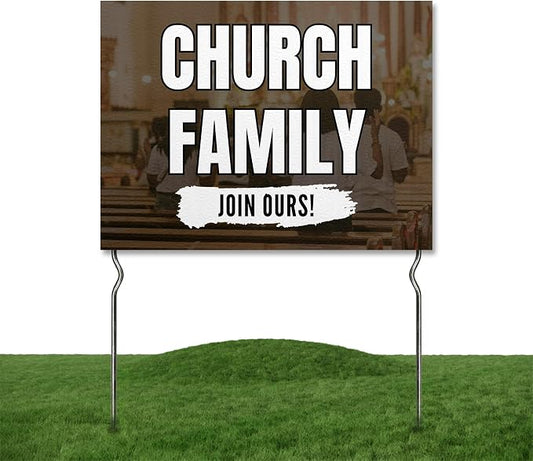 Church Family - Join Ours! Yard Sign by DC | 24"x18" Double Sided Church Garden Sign with 13” Metal Stakes | Outdoor Signs Waterproof for Lawn, Patio, Sidewalk & House | Set of 2 | Made in USA
