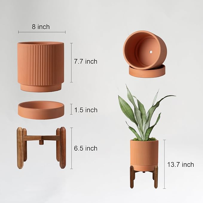 Large Terracotta Pots, 8 Inch Clay Planter Pots with Drainage Hole & Saucer (with Stand), Garden Planters for Indoor/Ourdoor Plants, Cactus & Snake Plant