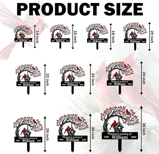 Personalized Cardinal Garden Sign with Stakes, Custom Outdoor Yard Decor, Memorial Gift for Mom, Garden Plaque Gifts for Memorial, Remembrance loss loved Ones, Grave Marker 22