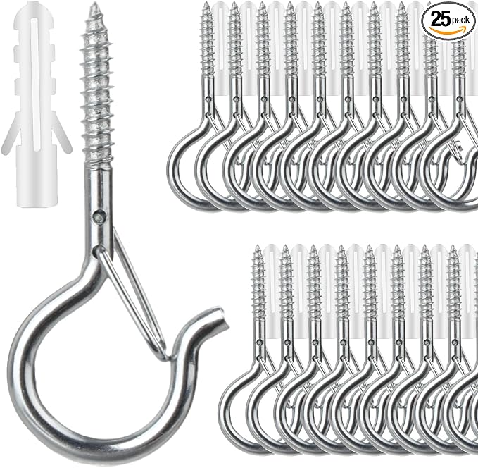 FSAH 25 PCS Screw-in Hooks for Outdoor String Lights, Q Hangers Hooks Outdoor for Outside, Swivel Hanging Basket Patio Light Hooks with Safe Buckle Screw in Planter Eye Hook for Wall Ceiling, Silver