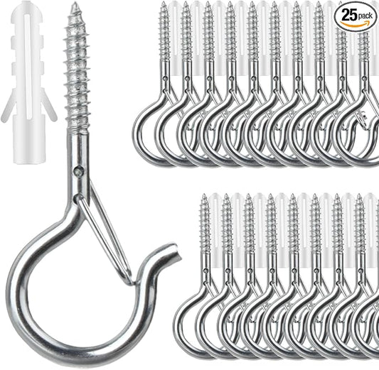FSAH 25 PCS Screw-in Hooks for Outdoor String Lights, Q Hangers Hooks Outdoor for Outside, Swivel Hanging Basket Patio Light Hooks with Safe Buckle Screw in Planter Eye Hook for Wall Ceiling, Silver