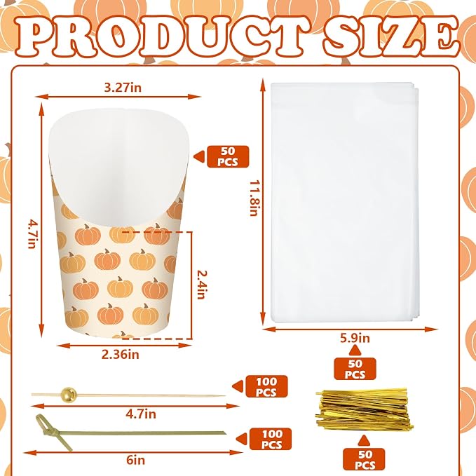 FYSUIMU 50Pcs Fall Thanksgiving Charcuterie Paper Cups with Sticks Bags Twist Ties 14oz Pumpkin Disposable Appetizer Cups French Fry Holder for Autumn Harvest Thanksgiving Party Supplies