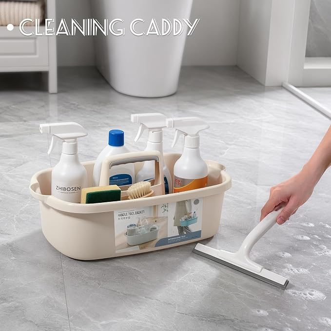 Large Cleaning Supplies Caddy Portable Shower Basket Supply Organizer with Handle Plastic Bucket Tool Storage for Bathroom, Bedroom, Kitchen, College Dorm, Garden, Beige
