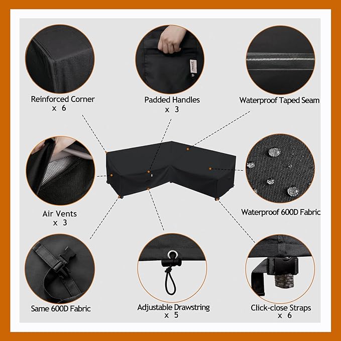 Heavy Duty Outdoor Sectional Sofa Cover, 100"x100" Waterproof 600D Patio Sectional Couch Covers, Lawn Patio Furniture Protector(Midnight Black, V-Shaped-100 x100)