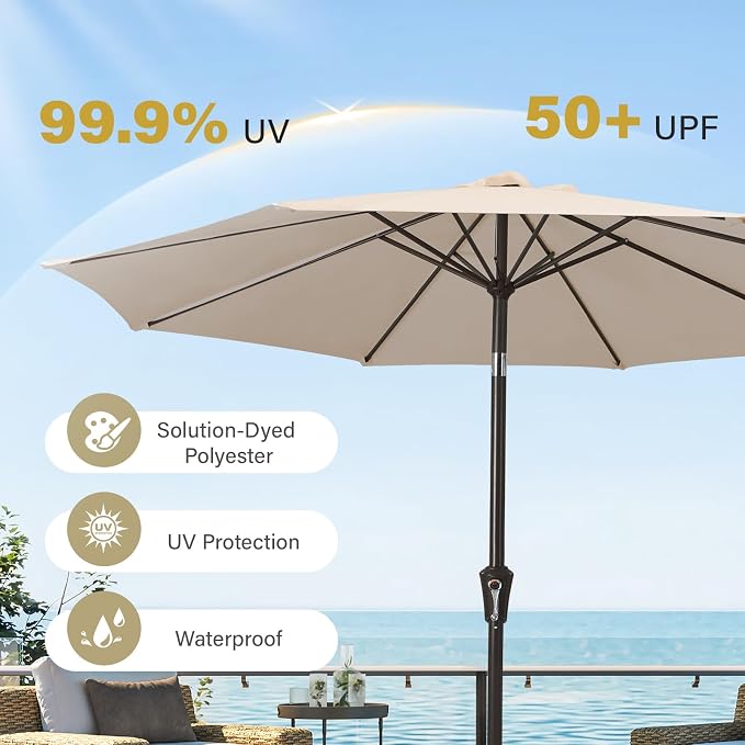 MEWAY 10ft Patio Umbrella Outdoor Table Umbrellas with Push Button Tilt and Crank, Market Umbrella 8 Sturdy Ribs for Deck, Garden, Pool and Backyard, Beige