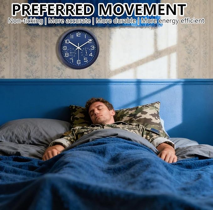 12 Inch Analog Wall Clock with Temperature and Humidity, Battery Operated Non-Ticking Silent Tempered Glass Large Numbers Clocks for Living Room Bedroom Office Kitchen Farmhouse Outdoor, Blue