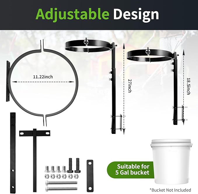 Adjustable 5 Gallon Trash Bucket Holder, Black Heavy-Duty Steel Bucket Storage Holder Can Be Installed for Zero Turn Mowers, Used for Outdoor Garbage and Yard Cleaning (Bucket Not Included)