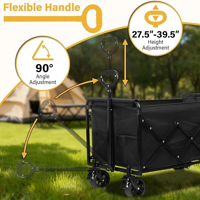 Collapsible Wagons Carts Foldable Heavy Duty, 500LBS Collapsible Wagon Cart Foldable with Wheels & Brakes, Large Folding Wagon Cart Utility for Camping, Picnic, Beach, Grocery, Sport, Shopping